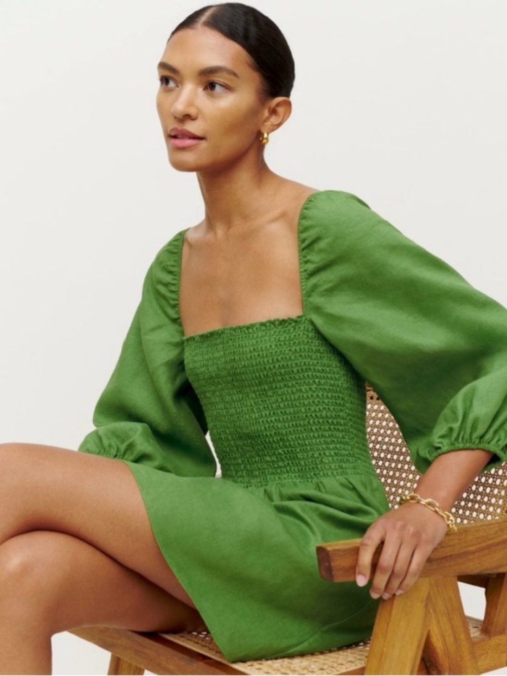 Reformation Greyson Green Smocked Mini Dress